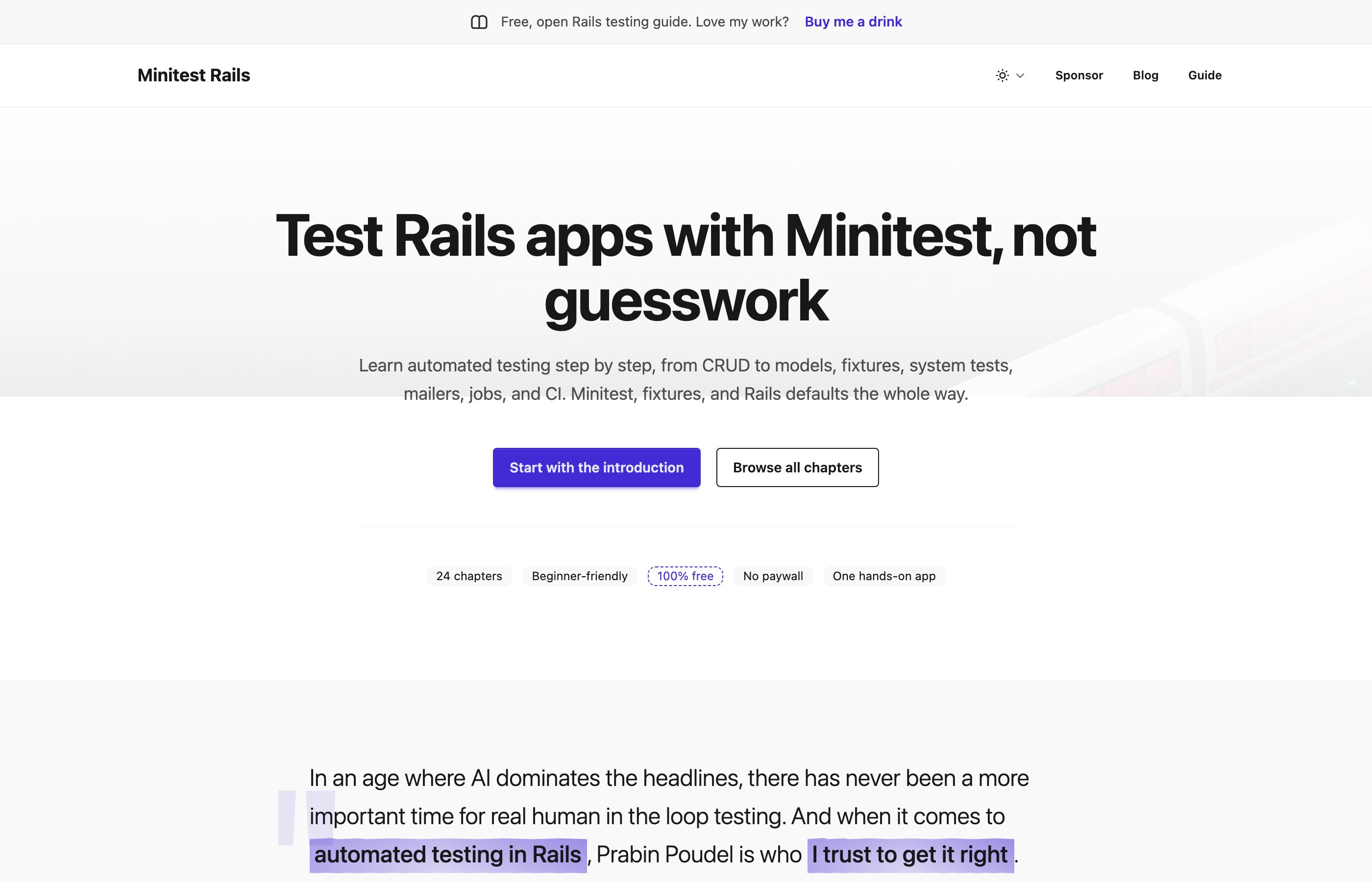 Minitest 指南收到第一美元